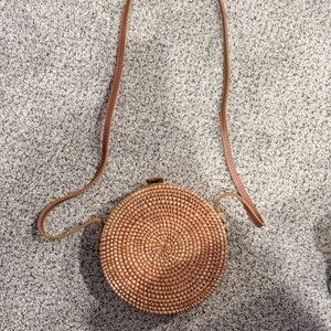 Round Woven Tan Crossbody Bag
